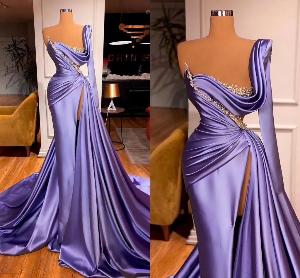 Arabiska Aso Ebi Shiny Mermaid Prom Klänningar Lång Plats Satin Sequins One Shoulder Beaded Court Train High Side Split Formal Evening Party Gowns Formal Robe de Soiree