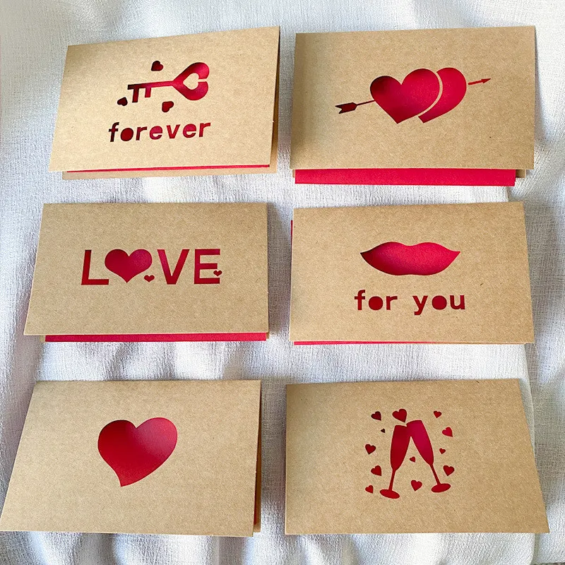 Kraft Paper Love Greeting Card Valentine's Day Hollow Greeting Card Thanksgiving Birthday Wedding Blessing Cards 6pcs/set