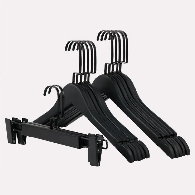 High Quality Black Wood Clothes Hanger for Suit Coat Shirt, Adult Kids Black Wooden Pants Skirt Hanger with Clips (12 Pcs/ Lot ) 201219