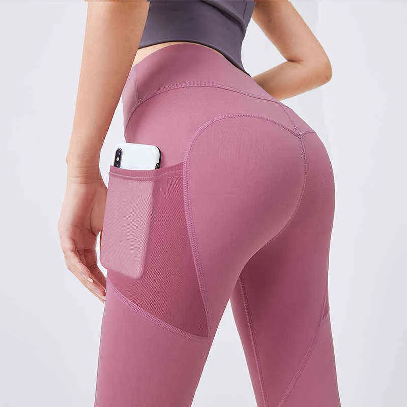 Taille haute sans couture Gym Femmes Pantalons de yoga avec poche Fitness Sports Wear Plus Taille S-XXL Sweat Pantalons de course Yoga Leggings H1221