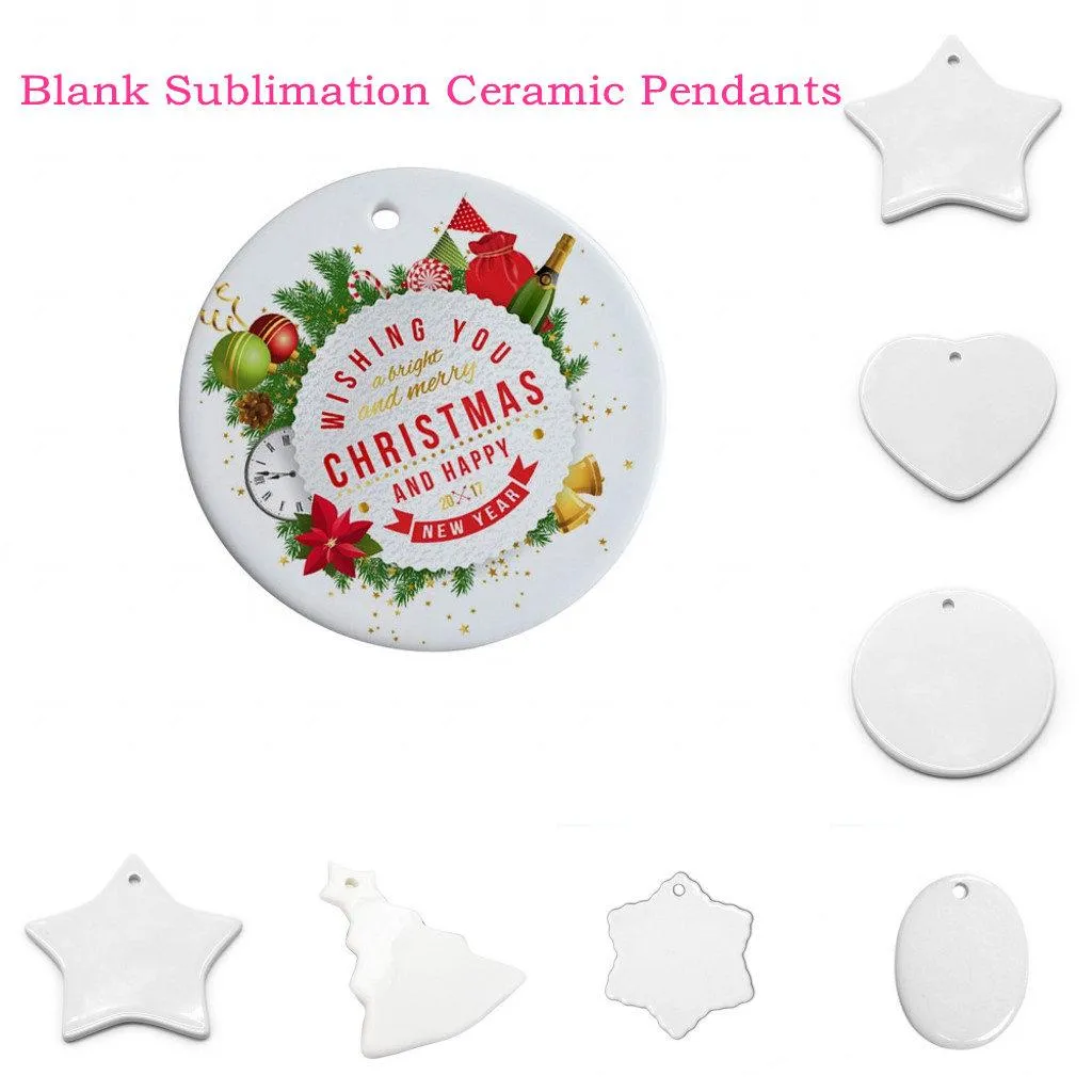 DHL Blanc Sublimation Pendentifs En Céramique Creative Ornements De Noël DIY Transfert De Chaleur Impression En Céramique Ornement Coeur Pendentifs Ronds