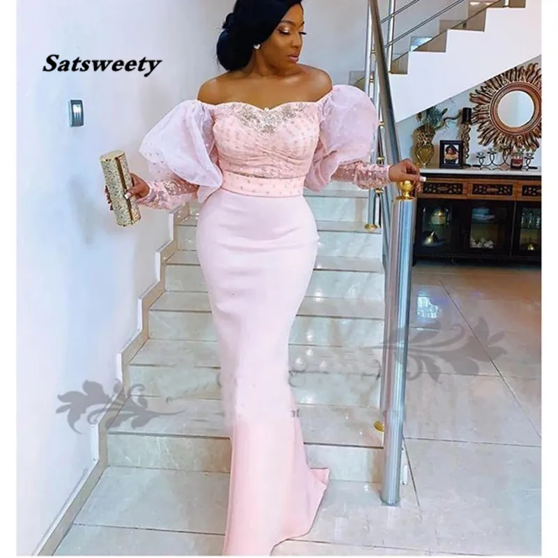 2021 Nigerian Lace Long Sleeve Evening Dresses Off the Shoulder Puff Sleeves African Arabic Formal Celebrity Prom Party Gowns