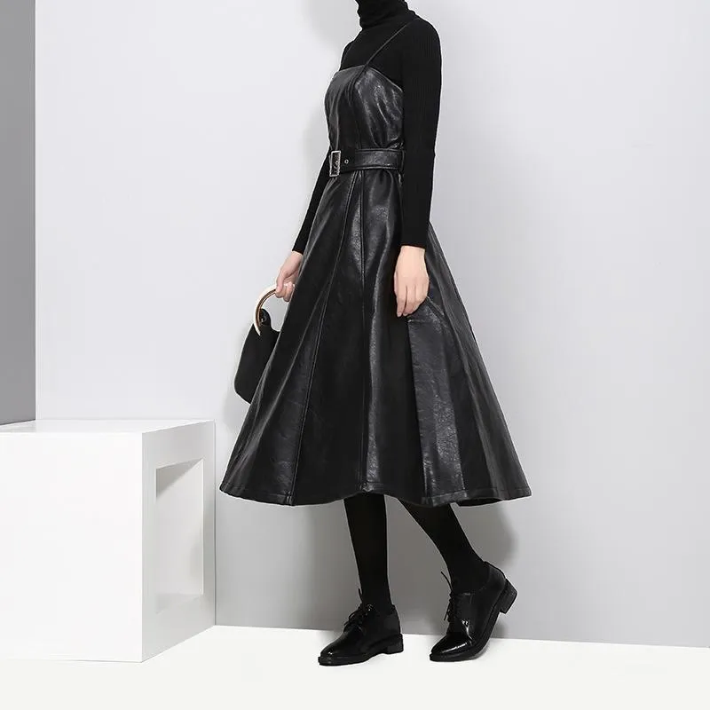 Casual jurken herfst massief kleur strapless zwart pu lederen hoge taille riem ritssluiting losse jurk voor vrouwen mode -tide1