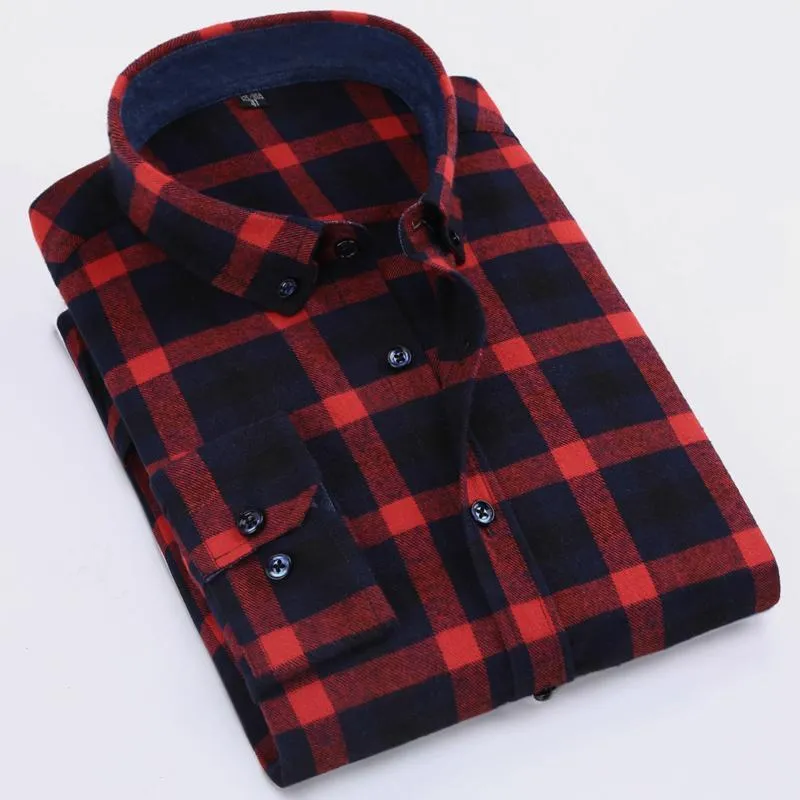 Męskie koszule Hurtownie- 2021 Spring Męskie Slim-Fit Button-Down Check Wzorzyste Komfort Miękki Bawełna Z Długim Rękawem Szczotkowana Flanel P