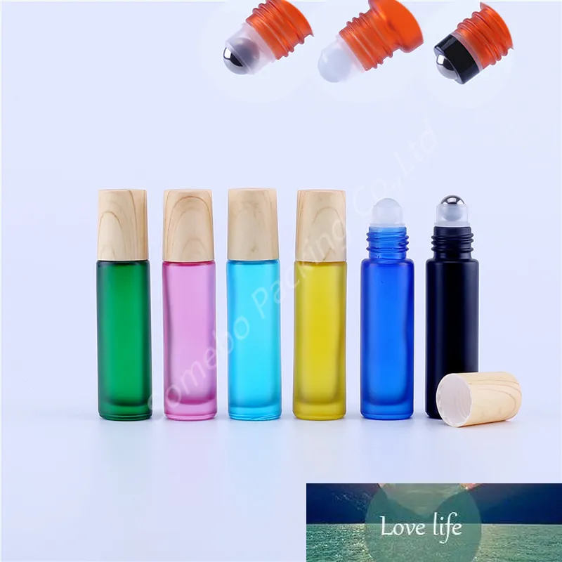 500 stks / partij 10 ml mat frosted gekleurde parfum massage gebruik etherische olie aromatische glazen roller fles met plastic deksel hout-look