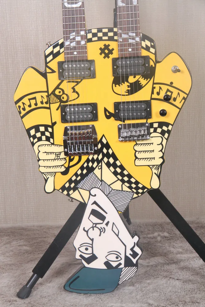 Sällsynta Billiga Trick's Rick Nielsen Uncle Dick Double Neck Yellow Electric Guitar 21 Fret på varje nacke, Chrome Hardware, White Pearl Inlay