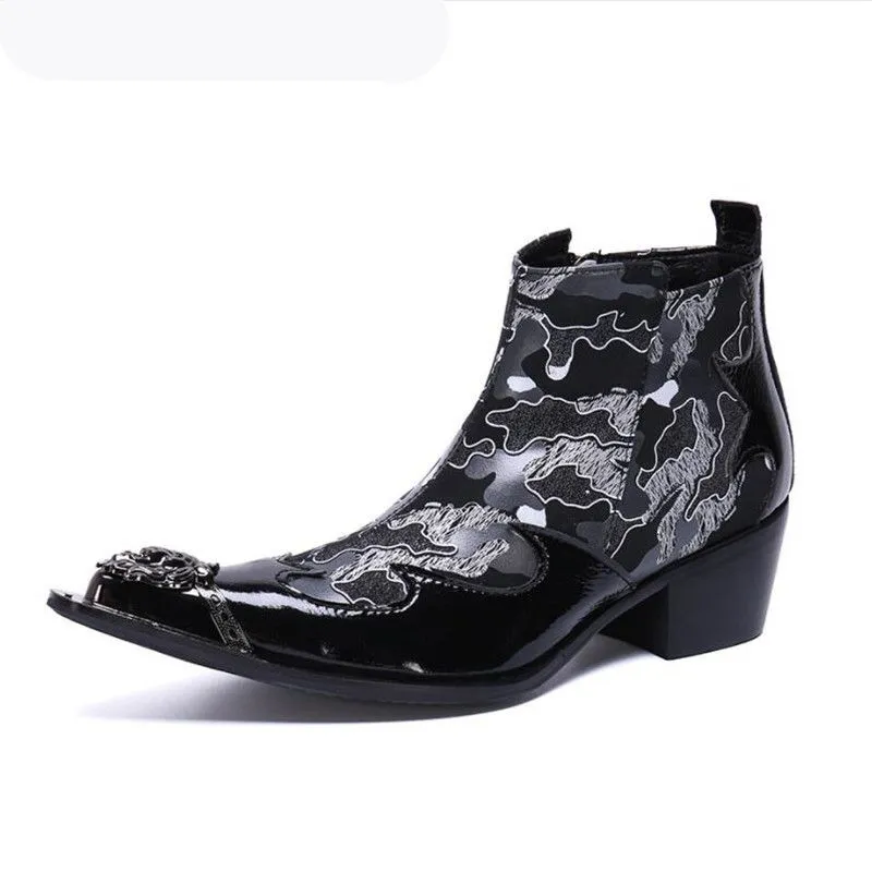 Italienische Männer Echtes Leder Druck Stiefeletten Metall Spitz Cowboy Military Stiefel Luxus Schöne High top Männer Kleid schuhe