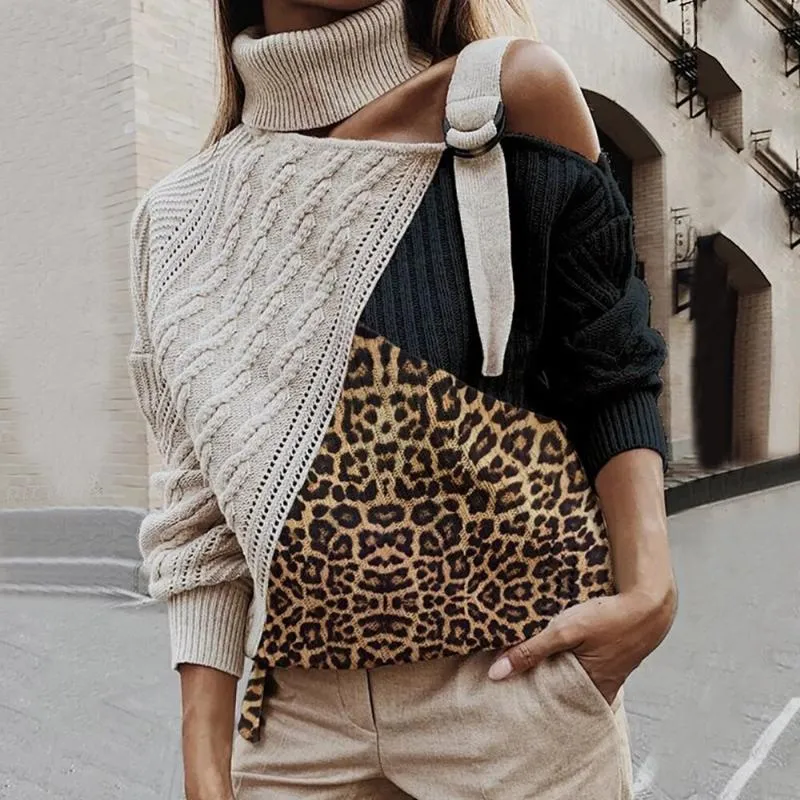 Dames Sweaters Leopard Patchwork Turtleneck Trui Vrouwen Sexy Off Shoulder Color Block Gebreide Batwing Lange mouw Pullovers