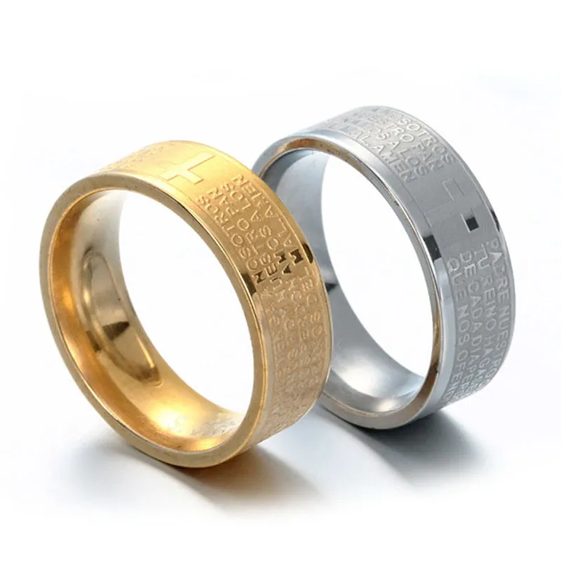 316L Titanium Stainless Steel Bible Christian Ring for Men Women Spanish Letter Cross Ring God Religious Rings Fashion Jewelry Wholesale