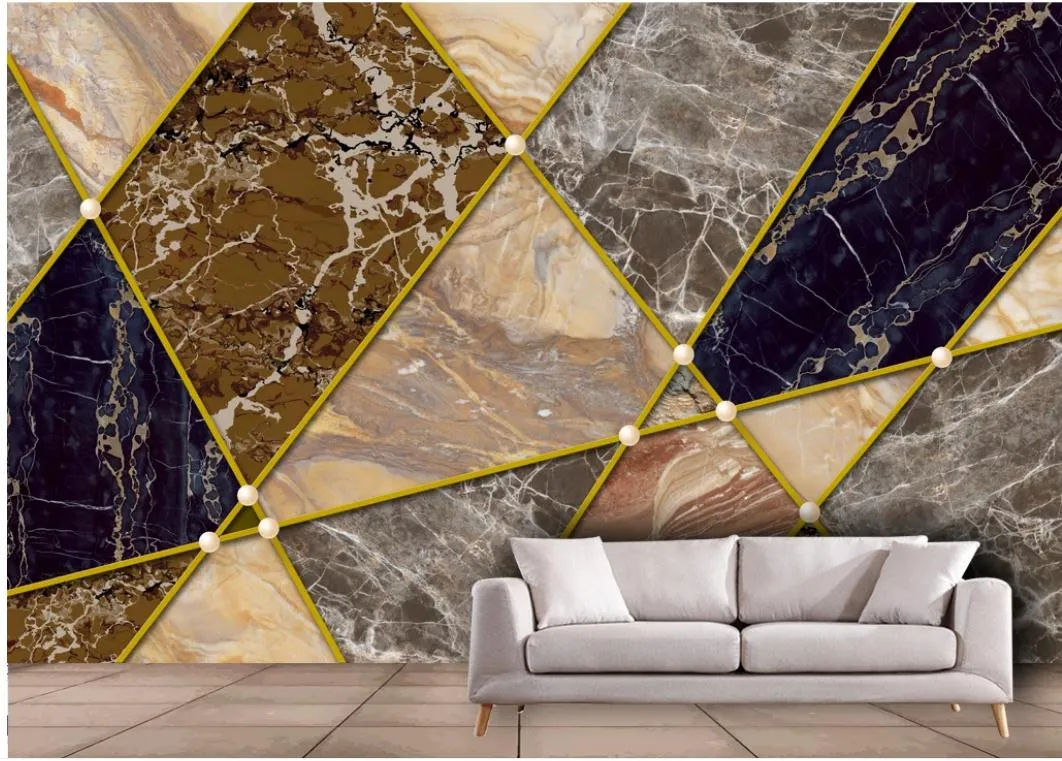 リビングルームのモダンな壁紙ミニマリスト抽象ゴールデンライン幾何学大理石の壁紙テレビ背景壁