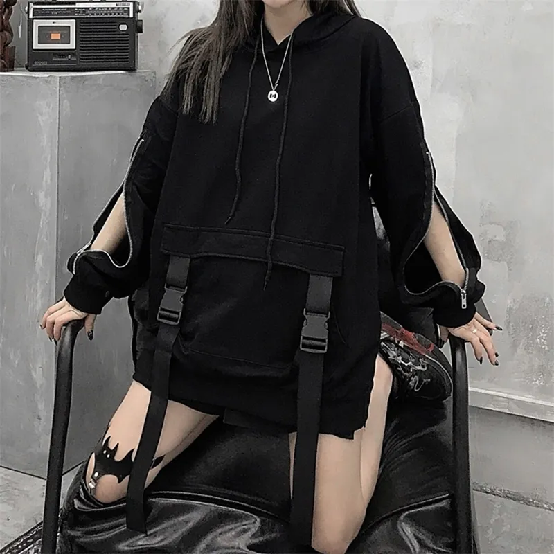 Rosetic Fermuar Deign Gotik Kadın Hoodie Kapşonlu Artı Boyutu Gevşek Kazak Kazak Streetwear Siyah Hoodies İpli 201202