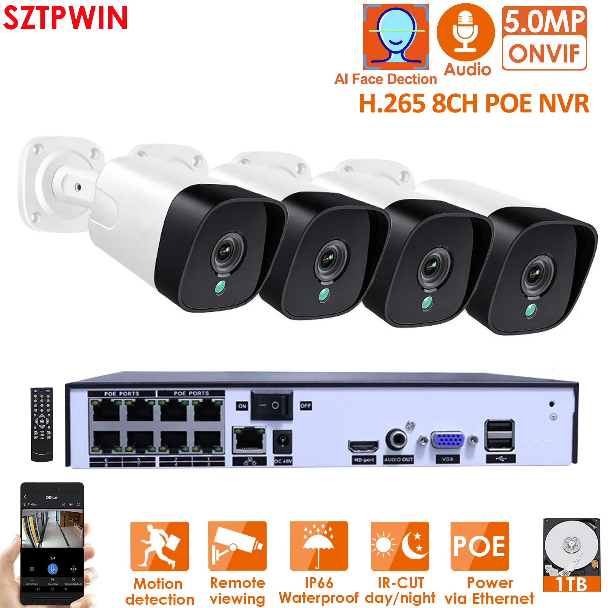 H.265 + 4CH 5MP Kit de système de caméra de sécurité POE enregistrement audio Rj45 5MP caméra IP extérieure étanche CCTV vidéo Surveillance NVR KIT avec 1TBHDD