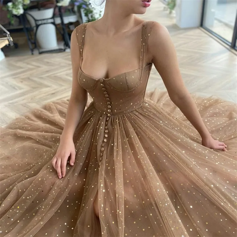 Audrey Hepburn Glitter Evening Dresses Elegant Sleeveless Spaghetti Strap Star Sequin Bling Chiffon Formal Homecoming Dresses Robe de soir e