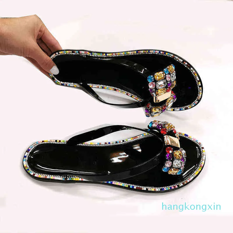 2022 Verão Mulheres Flip-Flops Big Diamond Lady Chinelos Flash Perfuração Colorido Cristal Beach Shoes Flat Feminino Calçado 02