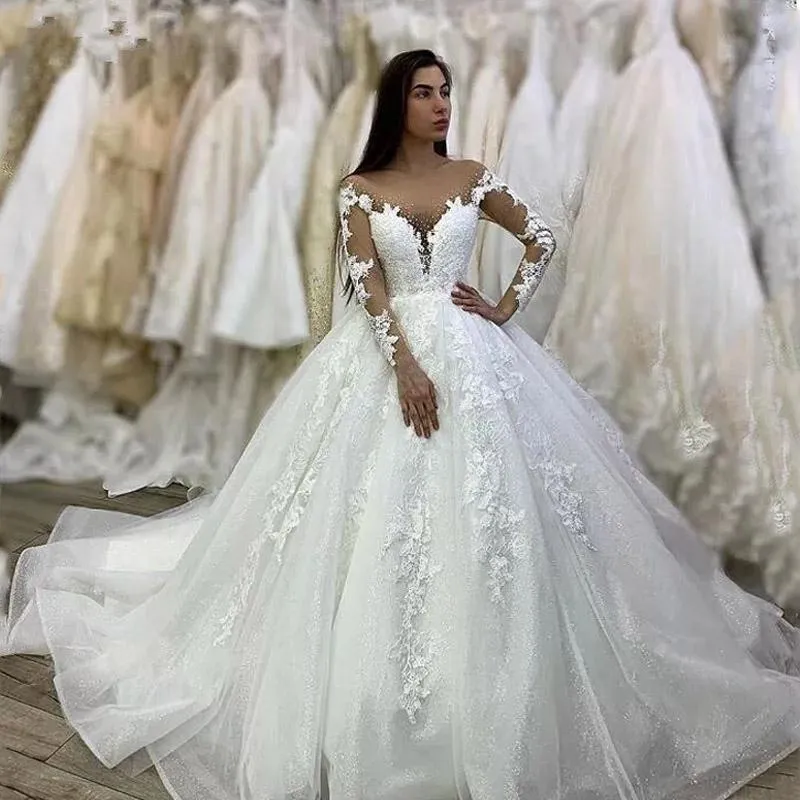 Princess Wedding Dresses Sweetheart Long Sleeves With Train Lace Tulle Ball  Gown | eBay