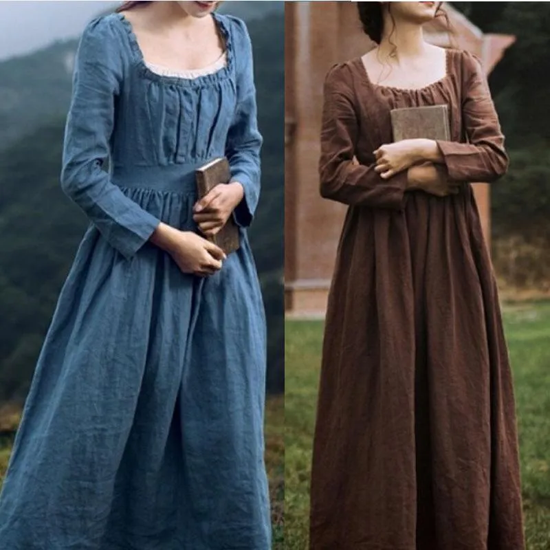 Vestidos casuais 2022 feminino vestido retrô vitoriano medieval gola quadrada manga comprida cintura alta vestuário francês marrom azul temperamento