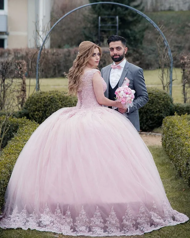 Blush Pink Ballgown Pink Wedding Dress 2021 With Lace Applique Beaded Boat Neckline And Laces Up Tulle Perfect For The Modern Bride From Lovemydress 72.64 DHgate.Com
