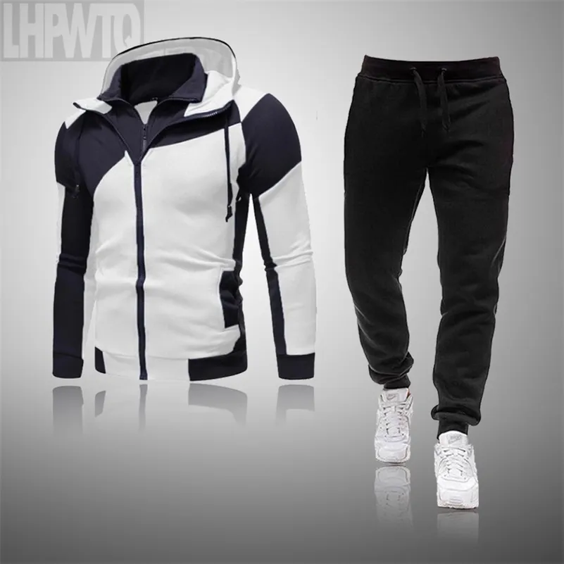 Lente en herfst heren tweedelige gestreepte sportkleding mannen full-mouwen top met capuchon + outdoor sportbroek Track pak SUI 201201