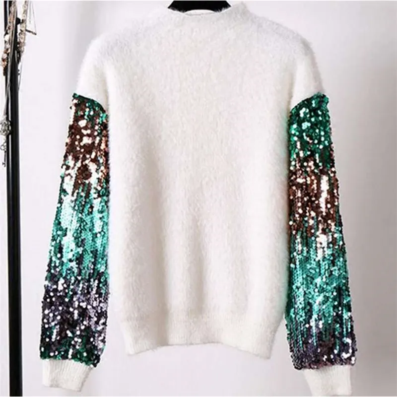 Flectit Metallic Sequin Sleeve Fuzzy Angora Sweater Women Autumn