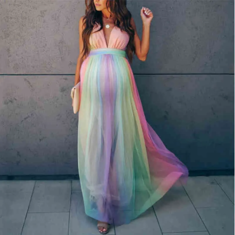 Sexy Maternity Dresses Photography Long Pregnancy Photo Shoot Prop For Baby Showers Party Rainbow Tulle Pregnant Women Maxi Gown AA220309