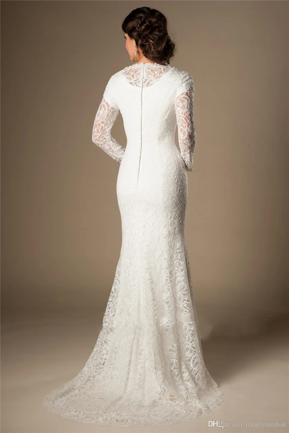Vintage 1950s Lace Mermaid Modest Wedding Dress with Long Illusion Sleeves  and Court Train from Dhgate Mermaid Wedding Dresses - price 117.51