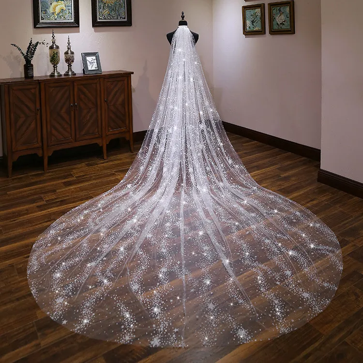 Blingbling White Bridal Veils 2021 Fashion Tulle Sequined Arabic Cathedral Wedding Veil 3 * 4m Long Luxury Sparkle Bride Veils Headwear Al8232