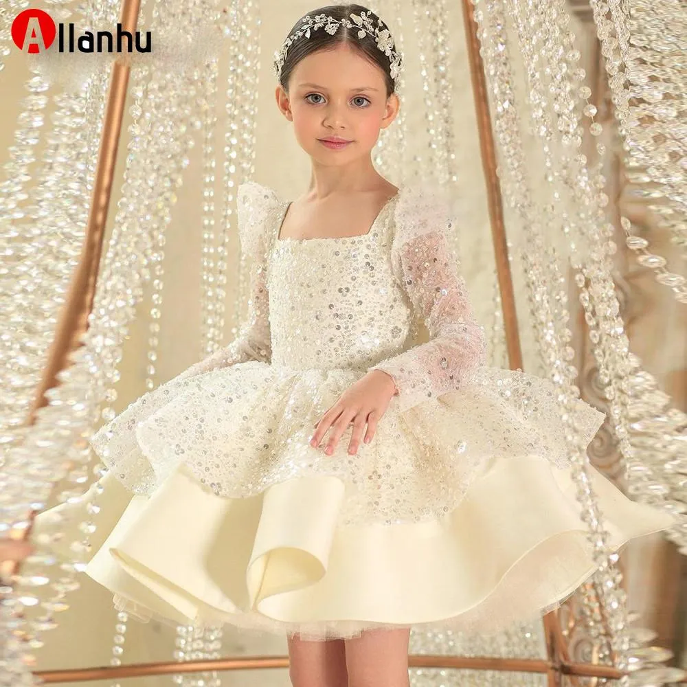 ¡NUEVO! Glitter 2022 White Secuencia de flores con lentejuelas Vestidos de manga larga Boda de cumpleaños Invitado Robe de Demoiselle Princess Comunion