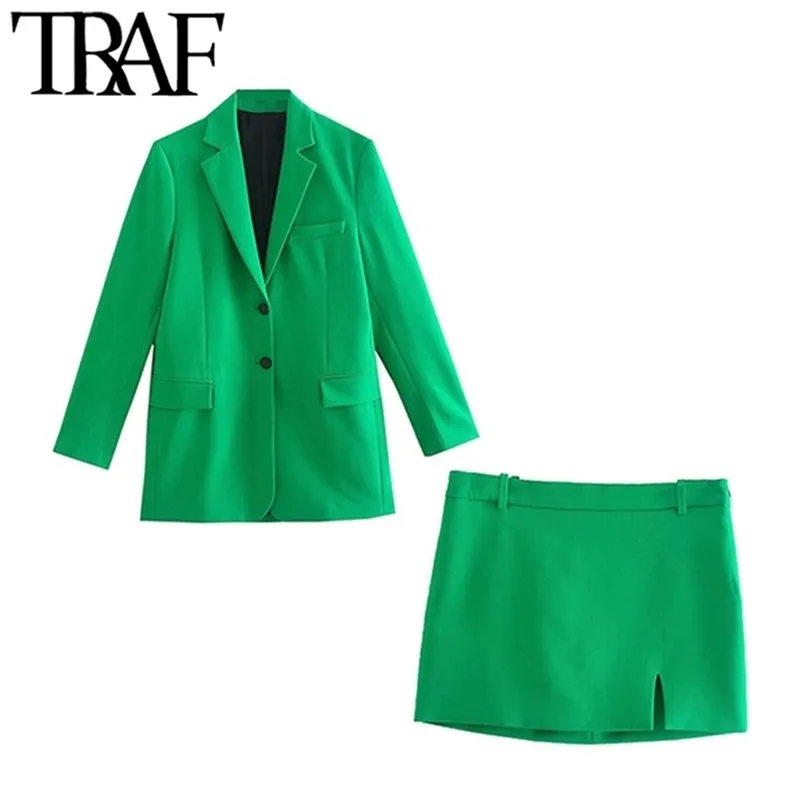TRAF Kobiety Moda Pojedynczy Piersed Długi Zielony Blazer Płaszcz Vintage Front Slit High Waist Mini Spódnica Kobiet Zestawy Mujer 220302