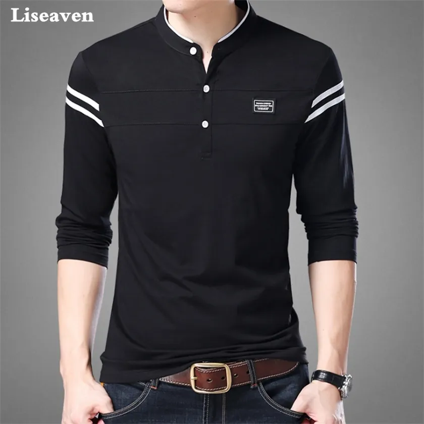 Liseaven Uomo T Shirt Uomo manica lunga maglietta Abbigliamento uomo Collo alla coreana T-shirt Top Tees Magliette maschili 220214