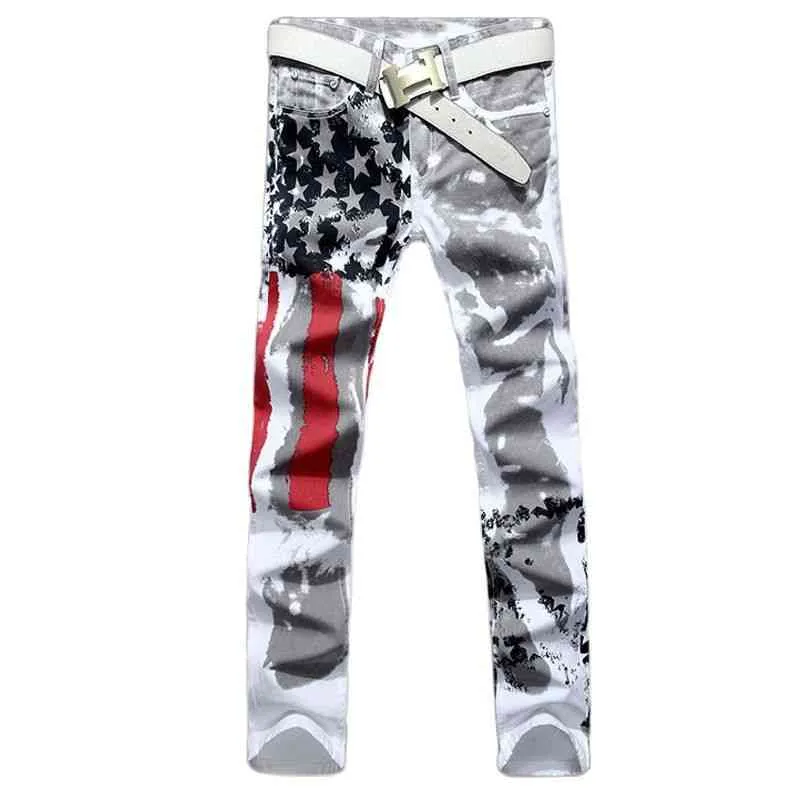 Partihandel 2022 Amerikanska flaggan Classic Print Jeans Slim-Fit Casual Five-Pointed Star Red Striped Cotton Brousers