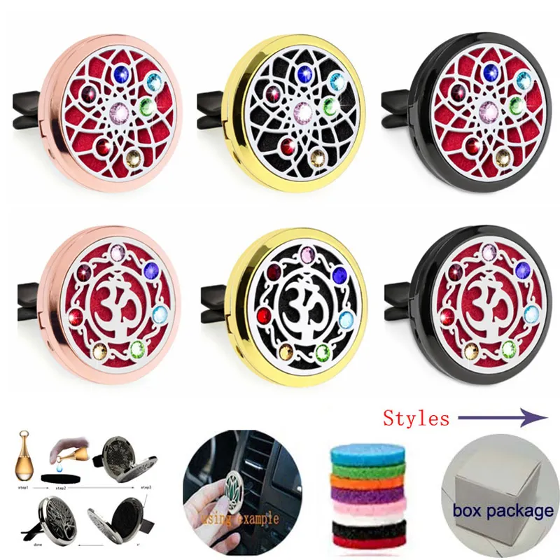 600+ Designs 30mm Rose Gold Black Aromatherapy Essential Oljediffusor Locket Magnet Öppnande Bil Air Freshener med ventilationsklämma (Gratis 10 filtkuddar) C2