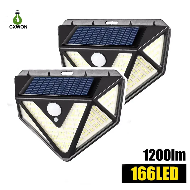 166leds lâmpadas solares sensor de boday humano luzes LED ao ar livre 4 lados 270 grande angular 1200lm para jardim pátio caminho 50 pcs