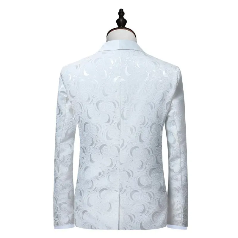 Мужские костюмы Blazers Mens White Rose Print с брюками Свадебный жених 2 кусочки пиджаки для брюки мужской певец выпускной костюм250i