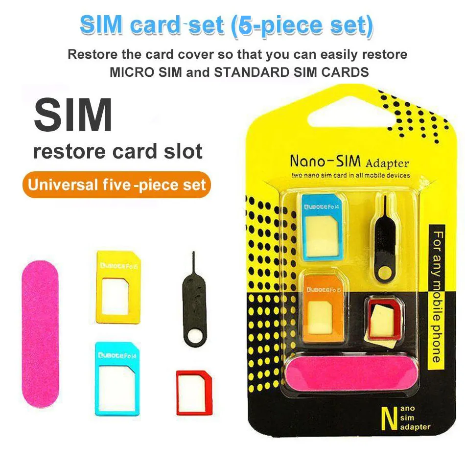 New 5 In 1 SIM Card Adapter Nano Micro SIM Card Converter Adapter Kit Tools For Samsung Huawei Universal Sim Card Needle with Retail Box