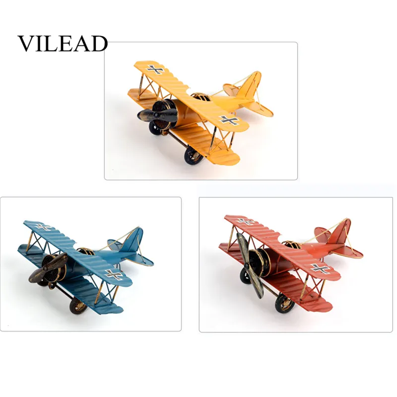 VILEAD 21cm Iron Airplane Figurine Retro Metal Plane Model Vintage Home Decoration Accessori Aircraft per bambini Regali Ornamento T200703