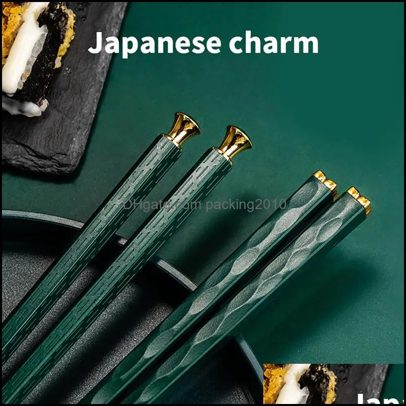 Green Gold Household Japanese-style Fashion Non-slip High-temperature Alloy Chopsticks Family One Pair Chopstick Per Persona38a52