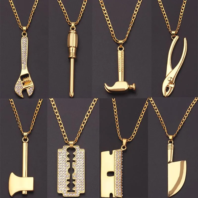 Pendentif Colliers Strass de luxe Gold Blade Hip-Hop Collier Homme Collier  Chaîne Rock Chaîne Gothique Moto Gothique Charme Long Bijoux Accessoires