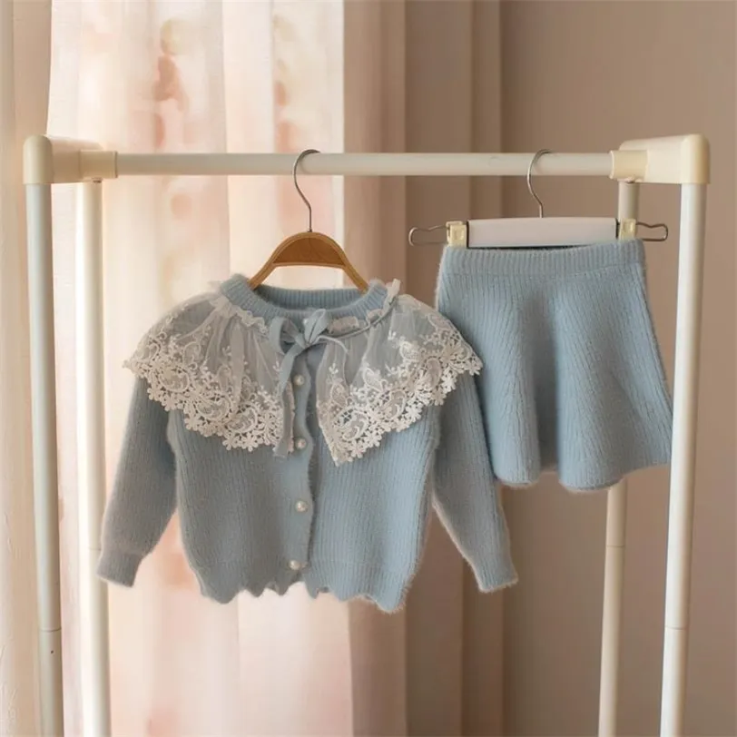 baby girls Clothes set Lace Wool Sweater suit for girl Autumn Spring Kids 2 pcs Clothing Children outfits Shirt skirt Outerwear 211224