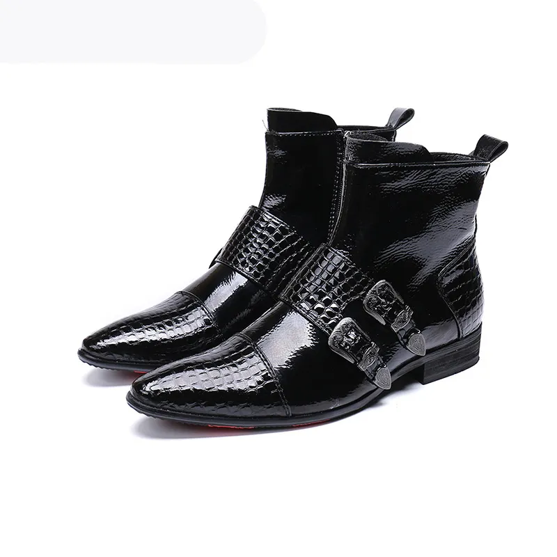 New Men Shoes Boots Western Cowboy Ankle Boots Men Pointed Buckles Black Leather botas hombre Runway, Party Boots