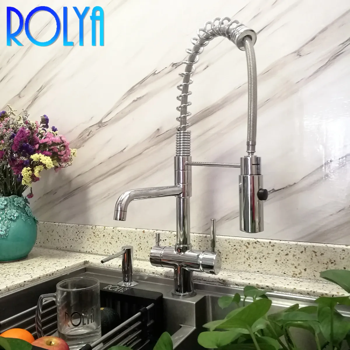 Rolya Nuovo rubinetto da cucina commerciale a tre flussi con miscelatore per lavello a molla Rubinetto professionale per filtro dell'acqua a 3 vie