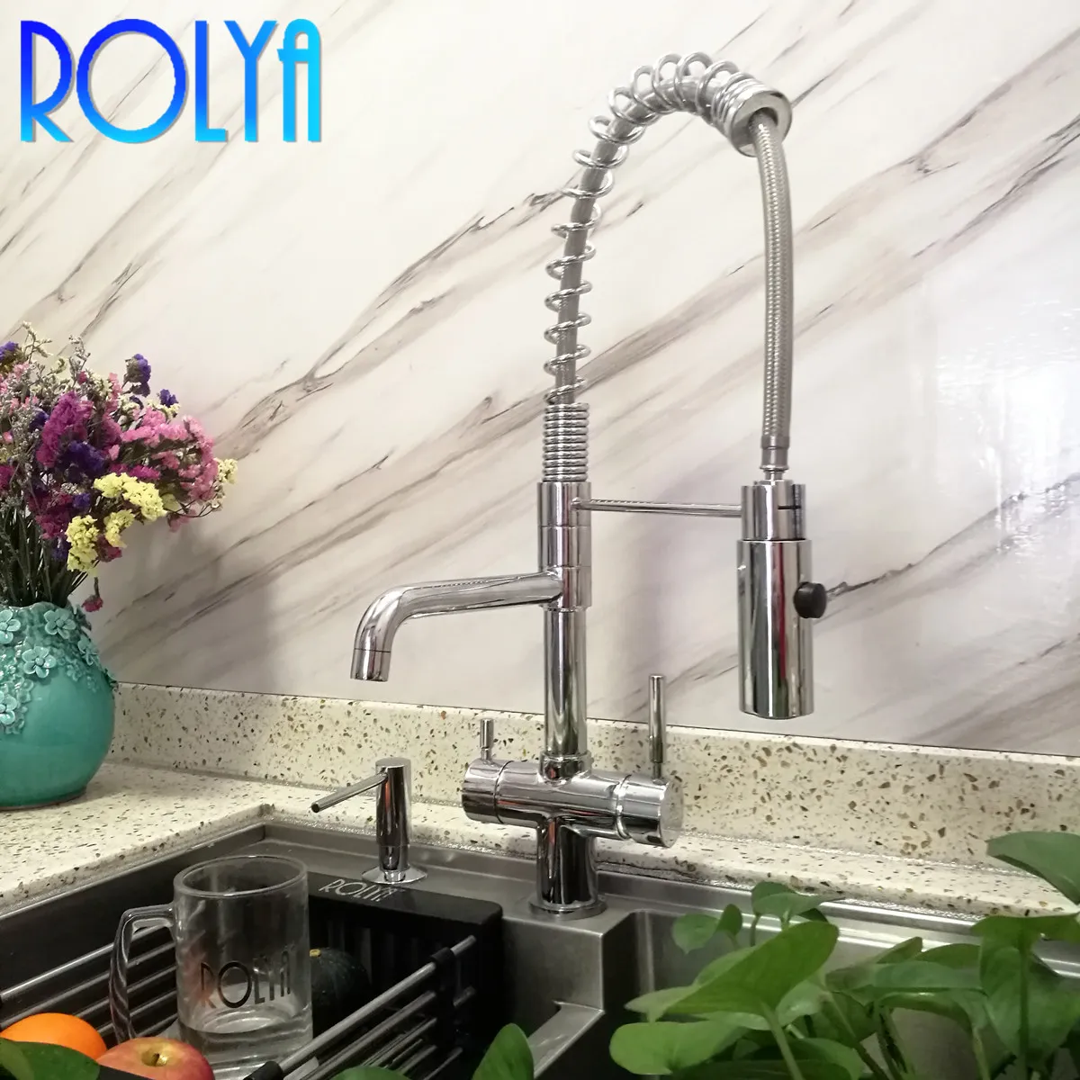 Rolya New Commercial Tri Flow Kitchen Faucet with Spring Hose Sink Mixer Professional 3 Way Water Filter Tap