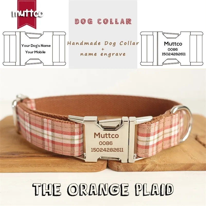 Muttco Laser Grawerowany Metalowa Klamra Sklepy Stout Trwałe Soft Dog Collars Handmade The Orange Plaid Anti-Lost 5 Rozmiary LJ201109