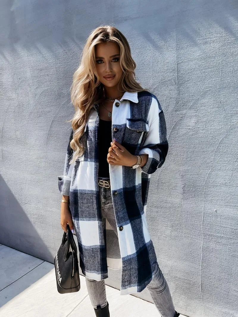 Women's Jackets Winter Plaid Jacket Women Harajuku Long Woolen Coat Female Casual Cotton Shacket Oversized Shirt Girl Pocket Lapel Top Fall