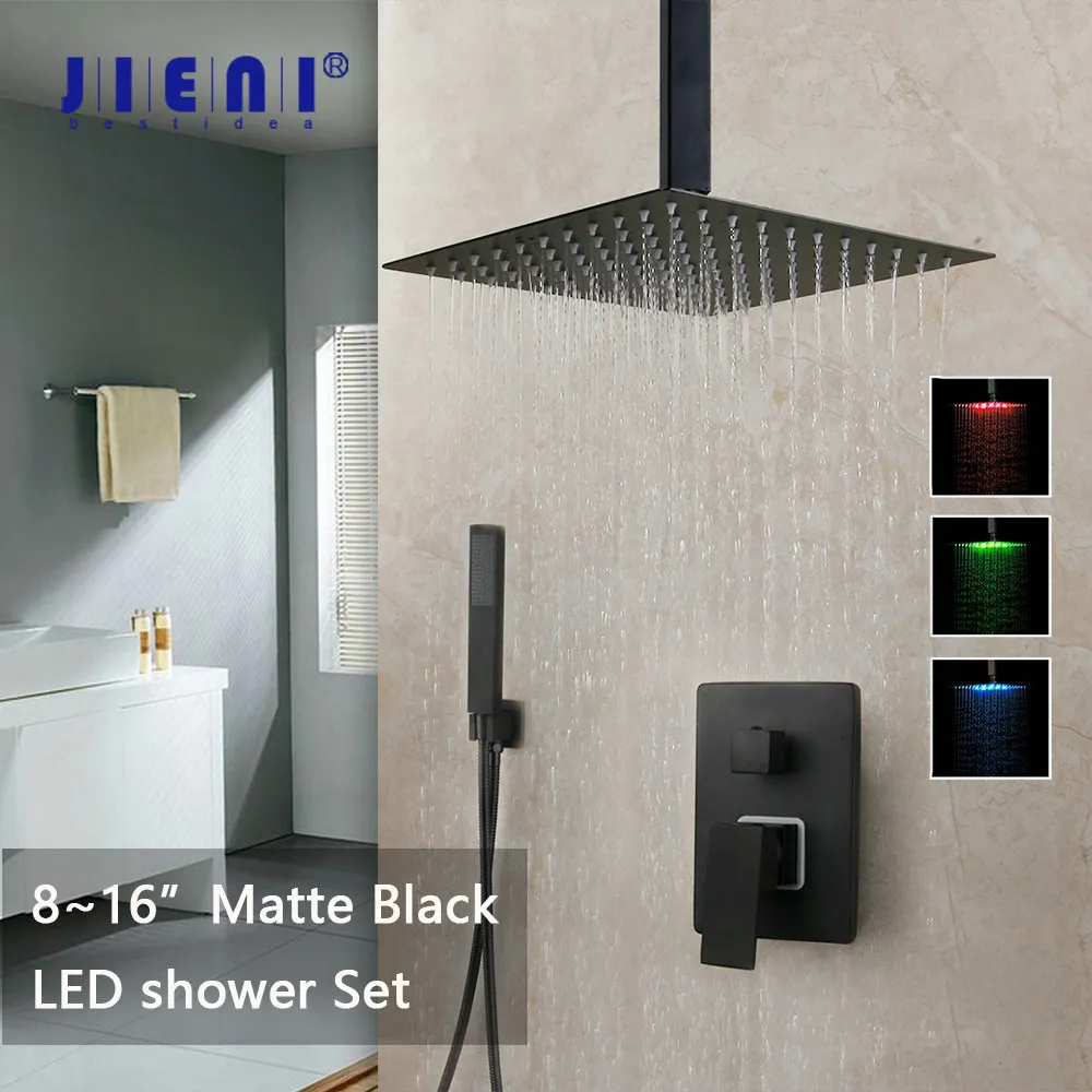 JIENI 8 12 16 pouces ensemble de robinet de douche de salle de bain noir montage au plafond noir LED mitigeur de pommeau de douche avec ensemble de robinets de douche pluie LJ201211
