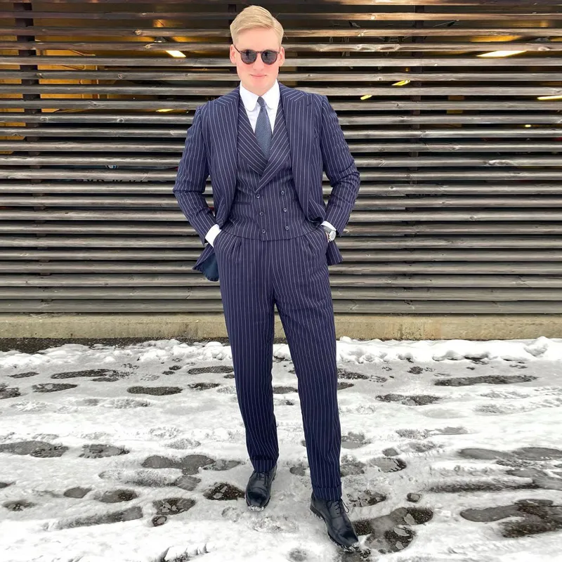 Navy Blue Striped Mens Pants Suits 3 Pieces Groom Wedding Tuxedos Prom Party Blazer Overcoat Jacket Vest Pants