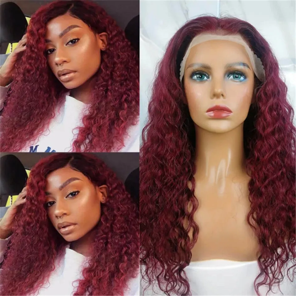 Synthetic Black/red kinky Curly Lace Front Wigs for Women Long Deep Curl Hair Afro Spiral Curls Daily Wear Wig HandTied