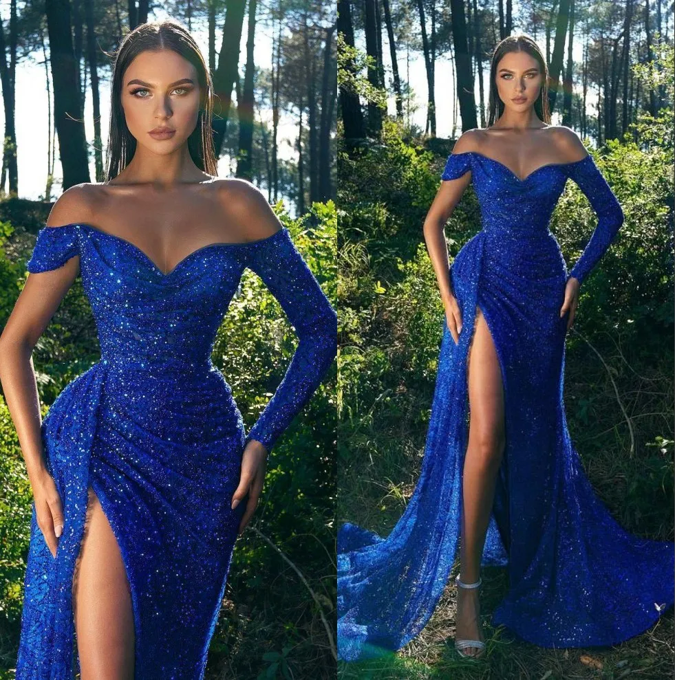 Royal Blue Sequins Mermaid High Split Prom Платья выпускного вечера Элегантные с плеча Ruched Длинные рукава Вечерние платья Женщины Формальное платье BC10971