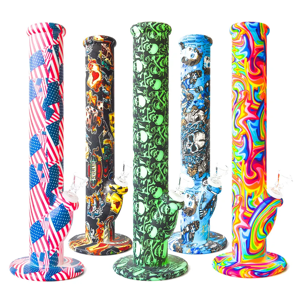 Printing Silicone Water Pipe Hookah straight tube bong Silicone Bongs with 14.4mm joint glass bowl Oil Rigs Dab Rigs thick glass bubbler