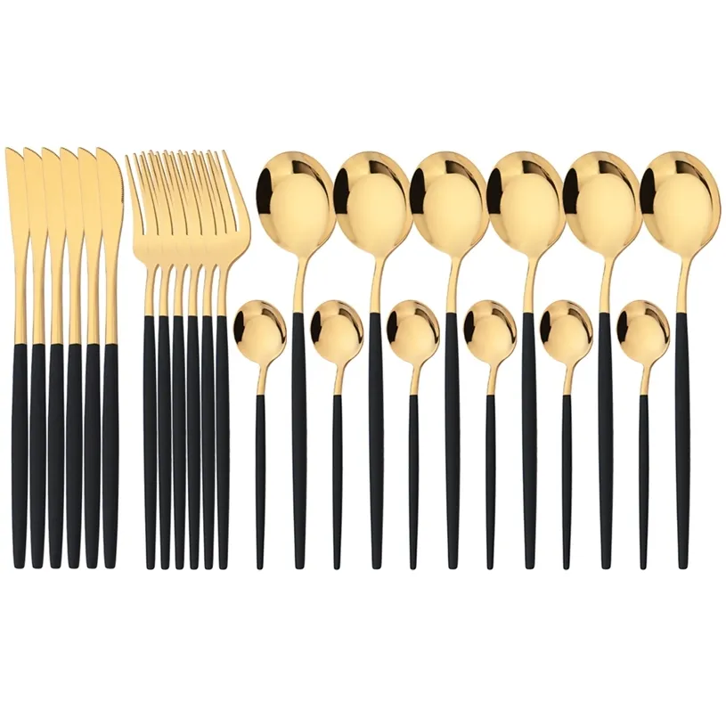 24 pcs / conjunto de aço inoxidável jantar preto ouro jantar faca forquilha café cutelaria cozinha mesa de mesa S 211228