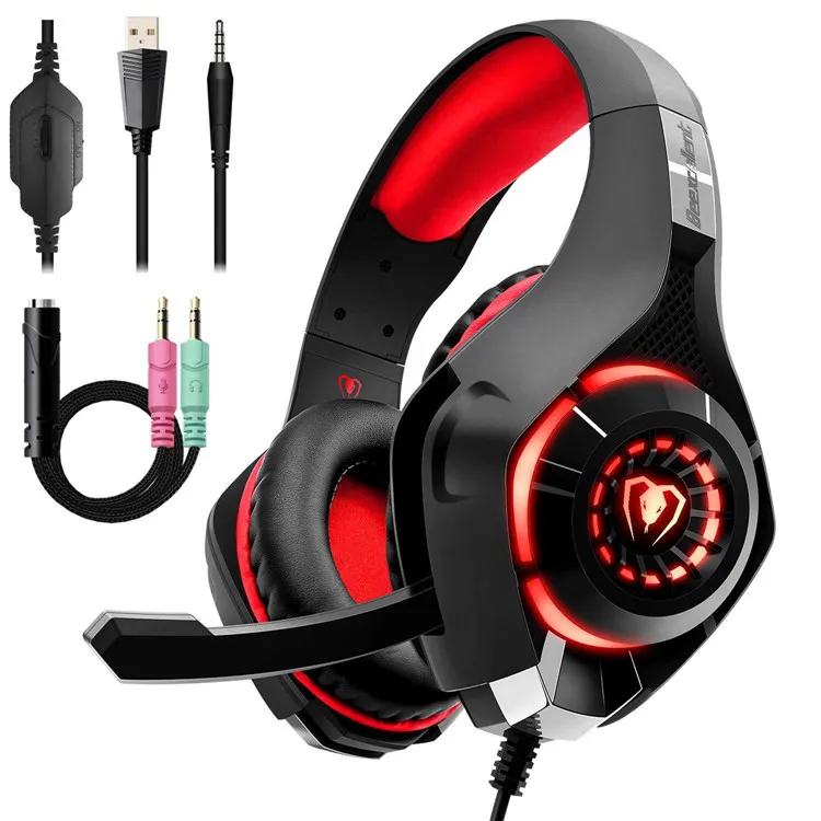 Ny beexcellent GM-1 Gaming Headphone 3.5mm USB Wired Headband Headphones med MIC LED Light Stereo Game Headset för PC / PS4 spelare